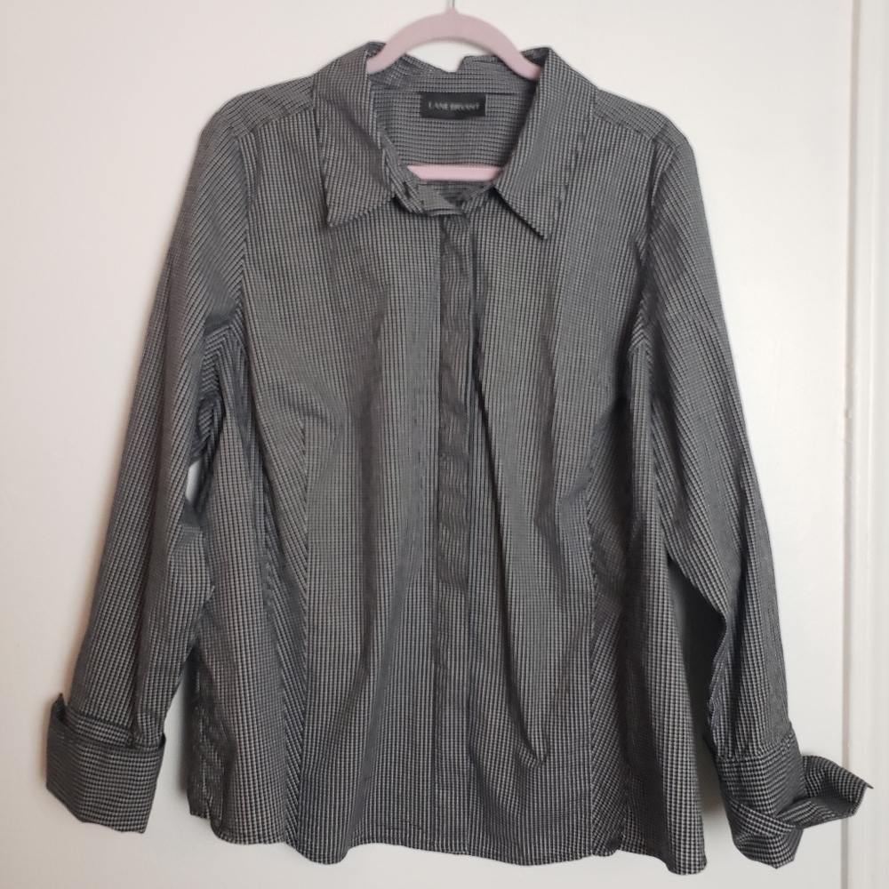 Lane Bryant Button Black & White Gingham Print Quarter Sleeve Women Top Size XL